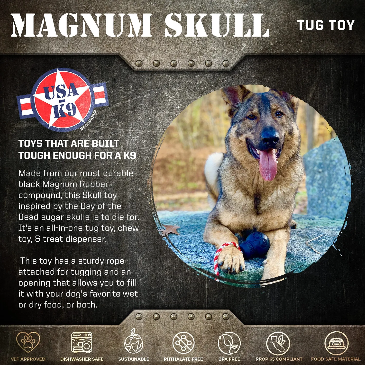 SodaPup USA-K9 Magnum Skull tuggleksak large svart hård