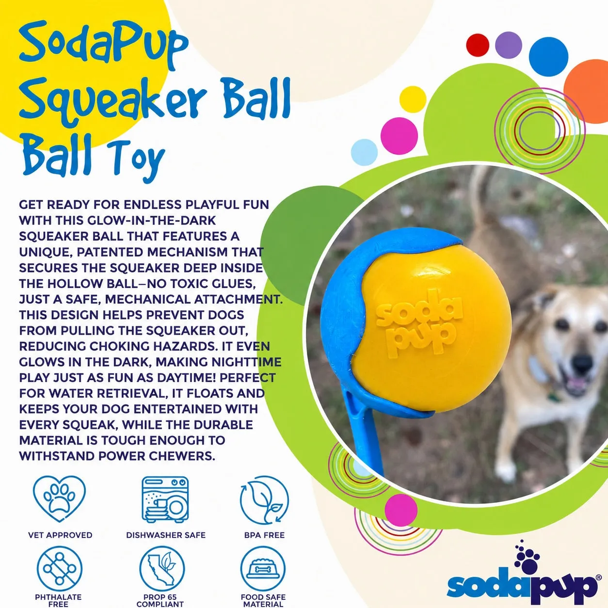 SodaPup Squeak Ball hundleksak gul medium flytande