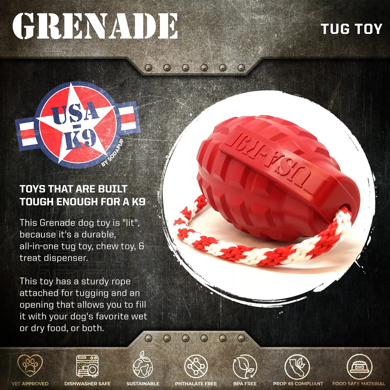 USA-K9 Grenade Large tuggleksak röd kraftiga bitare