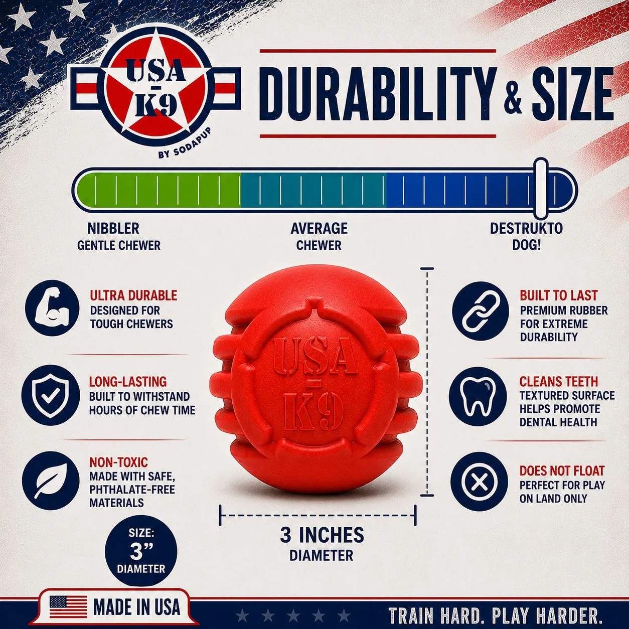 USA-K9 Stars and Stripes hundleksak large röd gummi