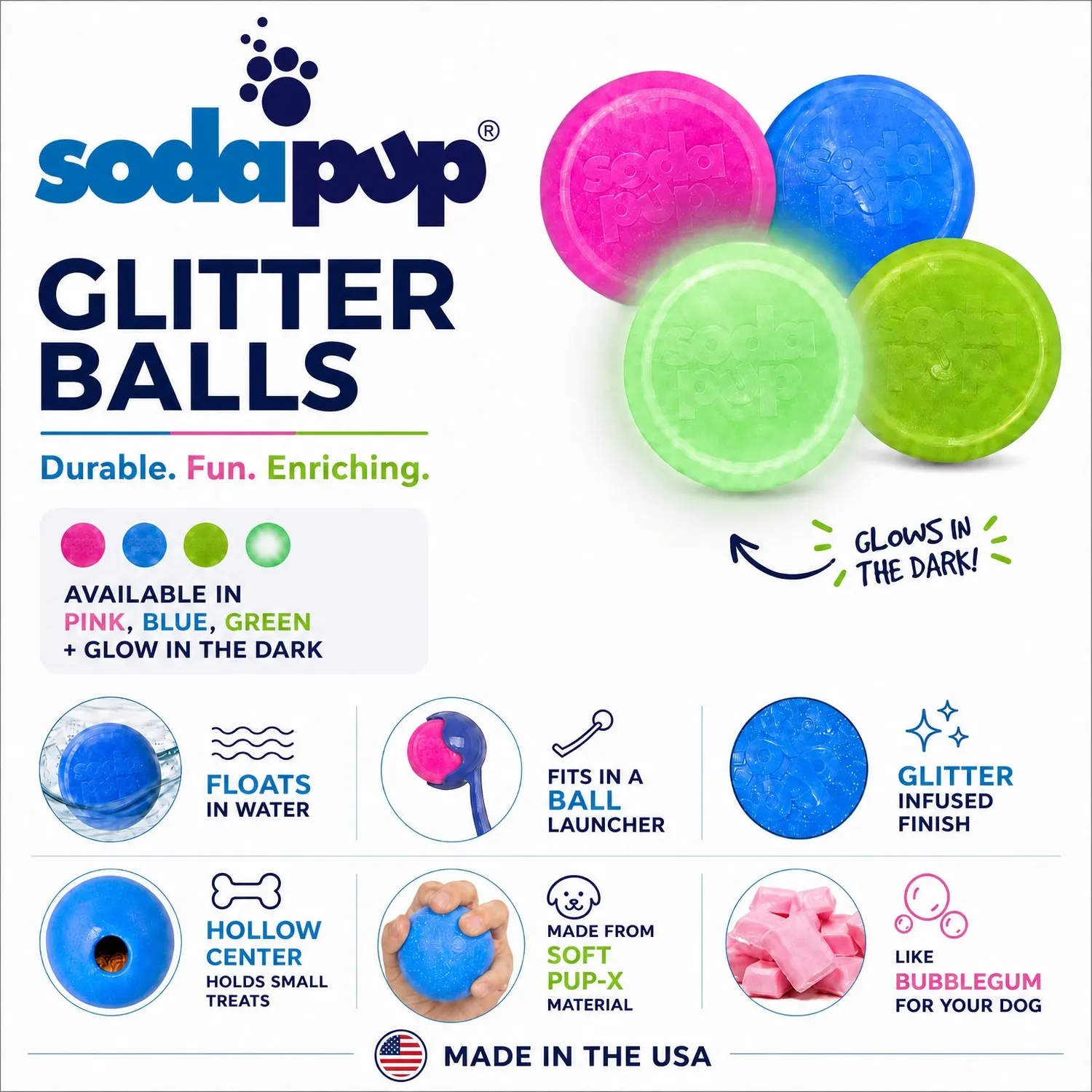 SodaPup Glitter Ball boll 3-pack 6,3 cm mjuk flytande