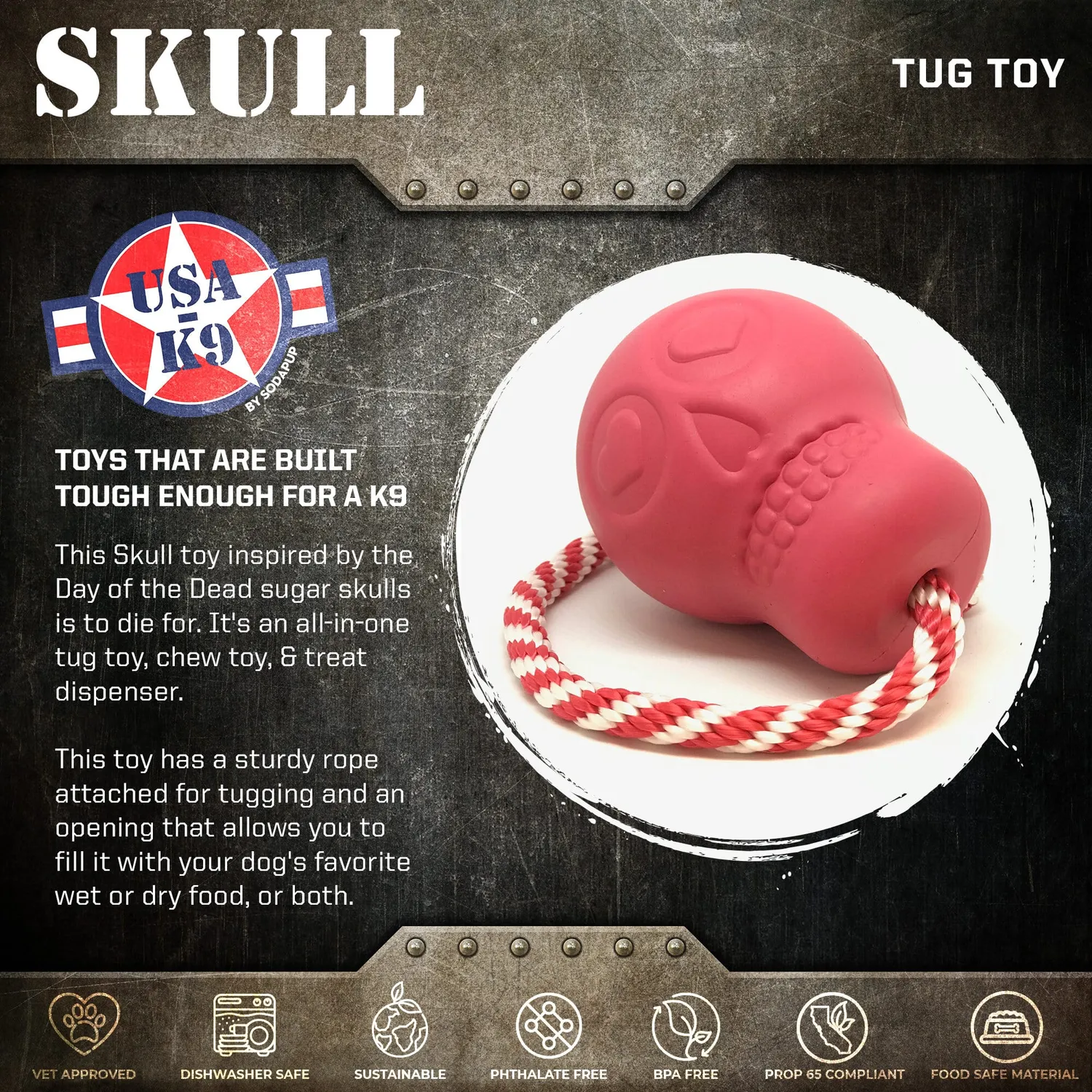 SodaPup USA-K9 Skull tuggleksak gummi rosa large