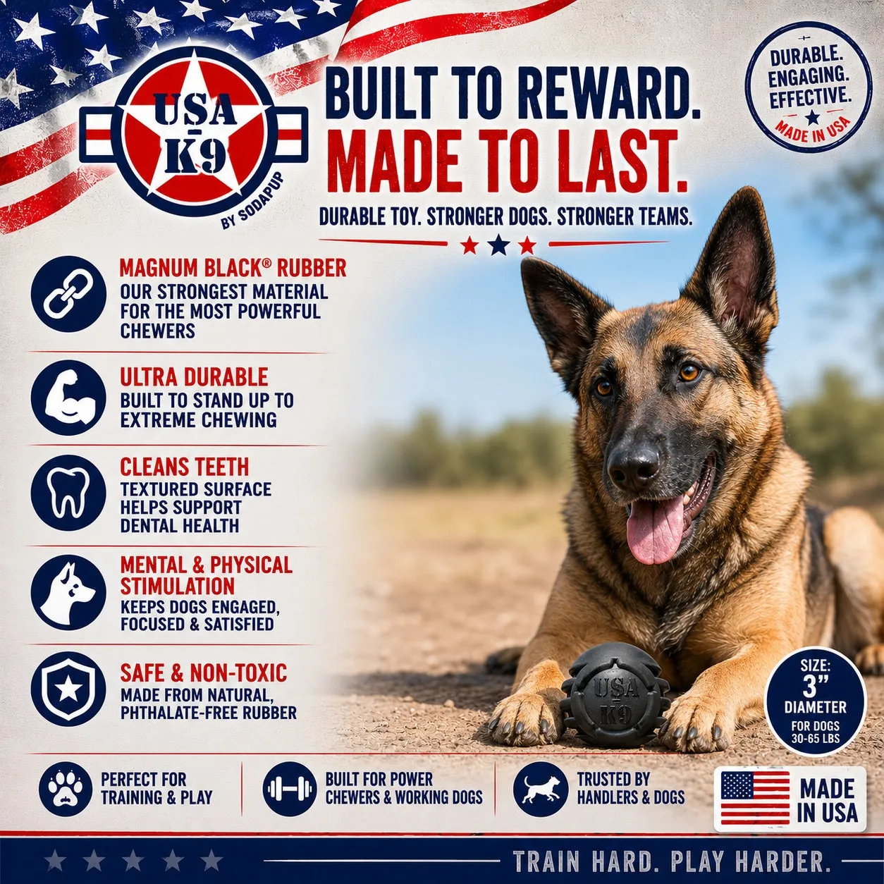 USA-K9 Stars and Stripes Large boll svart hårt gummi