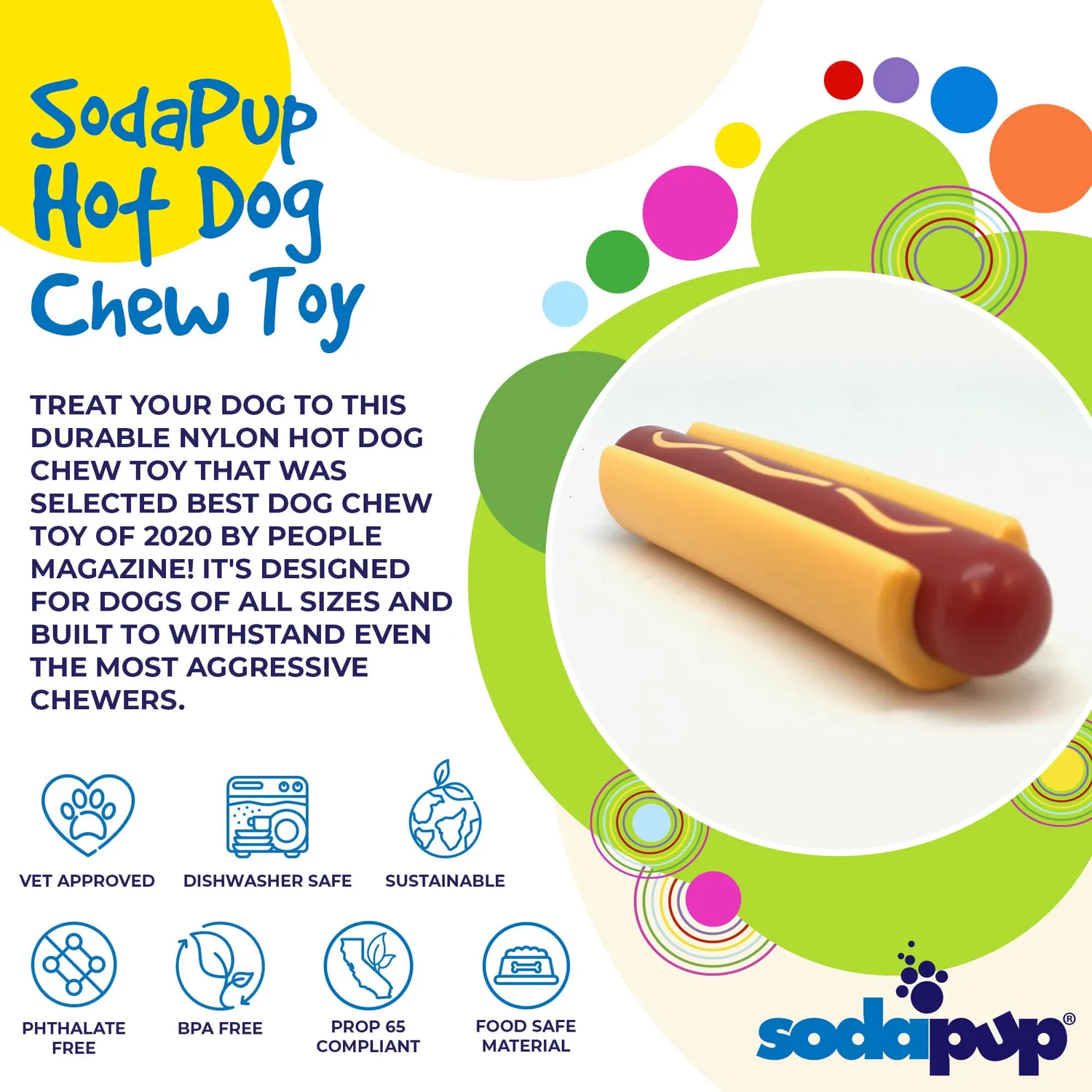 SodaPup Hot Dog nylon tuggleksak för starka tuggare