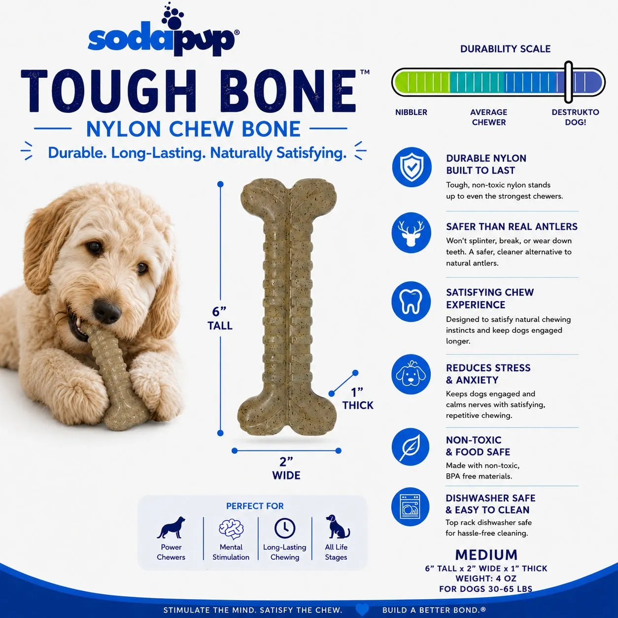 SodaPup Tough Bone tuggben brun nylon medelstor