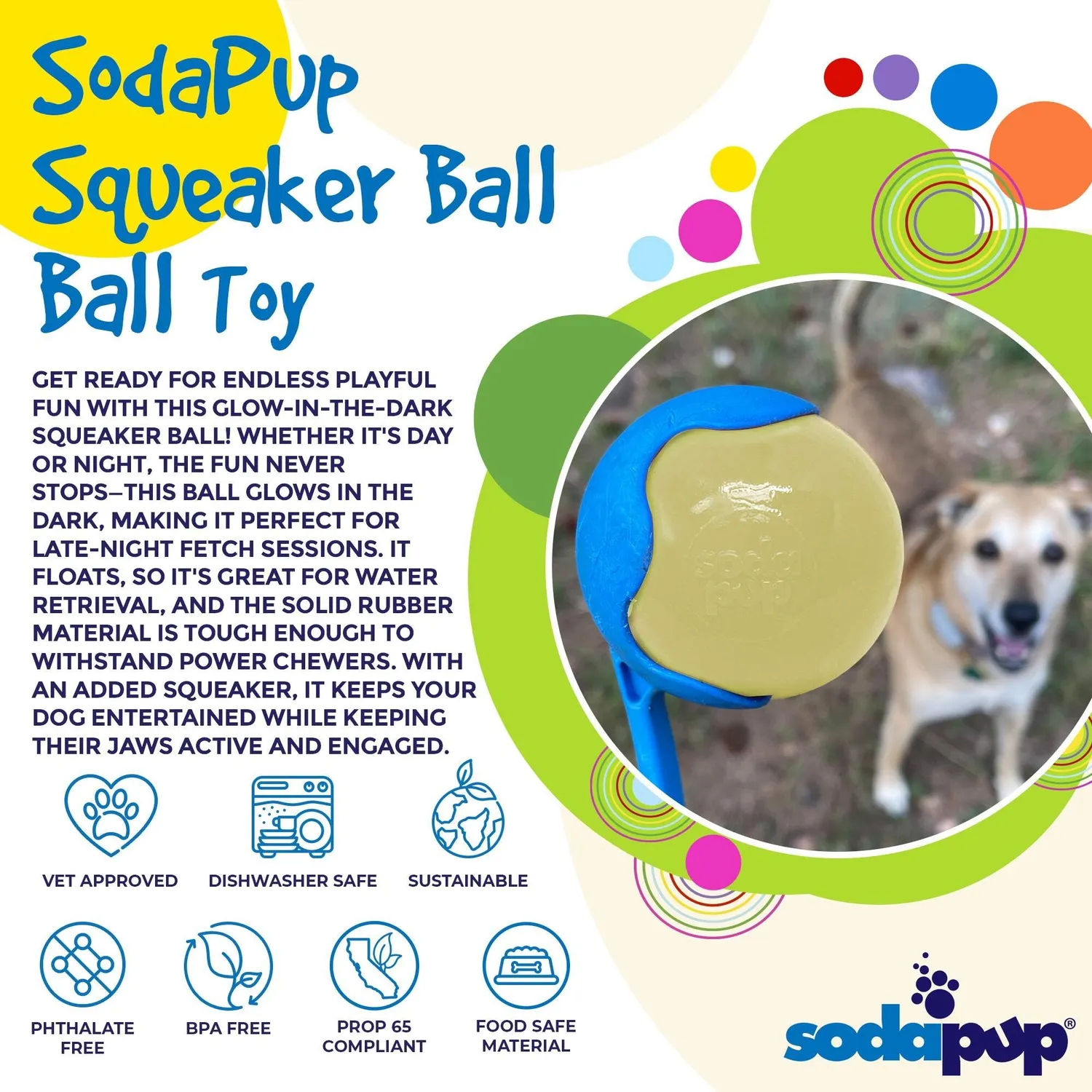 SodaPup Squeak Ball pipboll medium glow in the dark