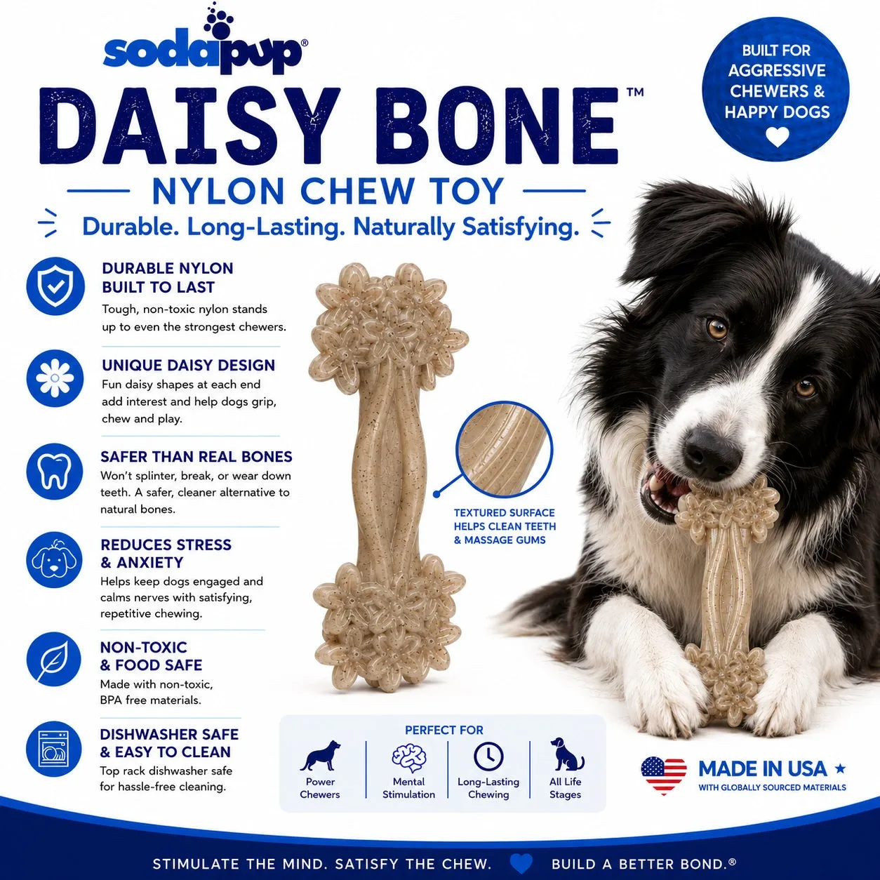 SodaPup Daisy Bone tuggleksak nylon för kraftiga tuggare