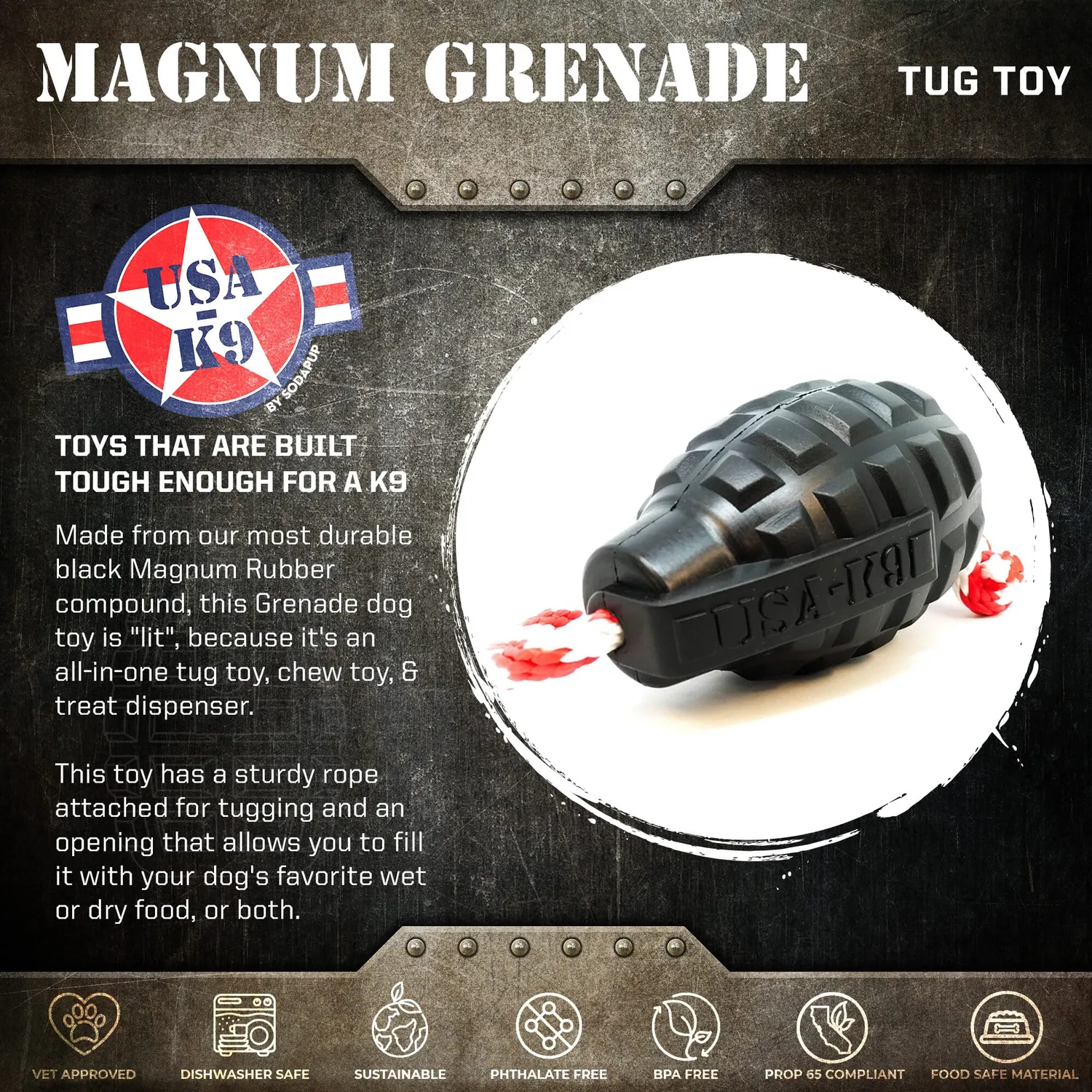 SodaPup USA-K9 Magnum Granat tuggleksak stor svart gummi