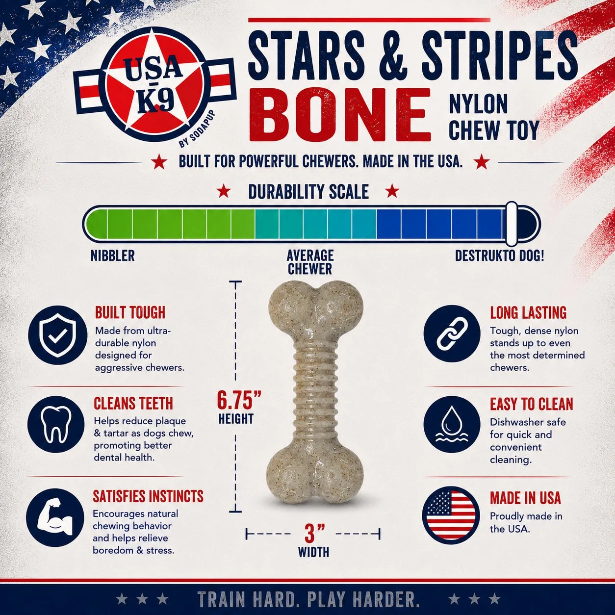 USA-K9 Stars and Stripes Bone tuggben nylon