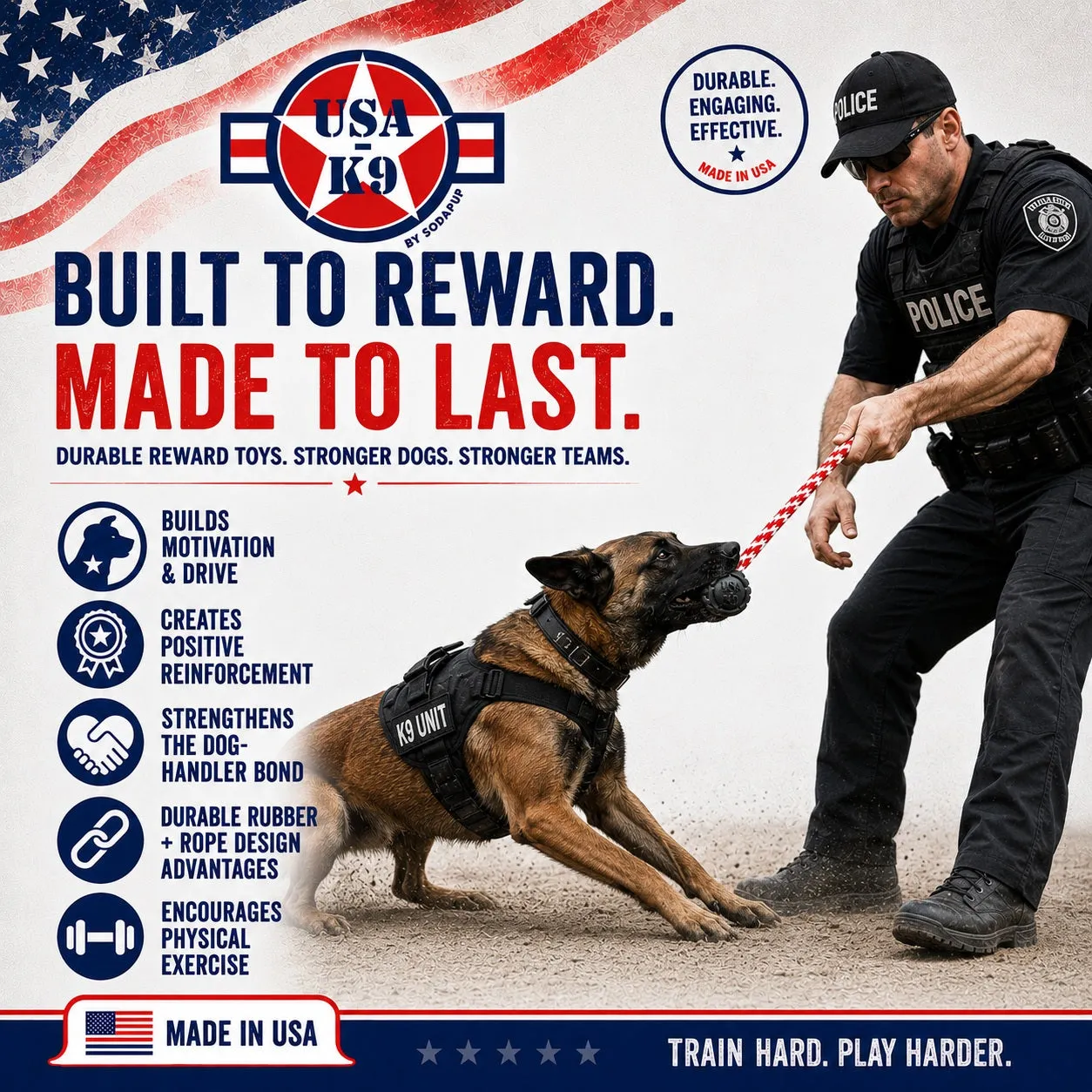 SodaPup USA-K9 Magnum Stars and Stripes hundleksak large slitstark