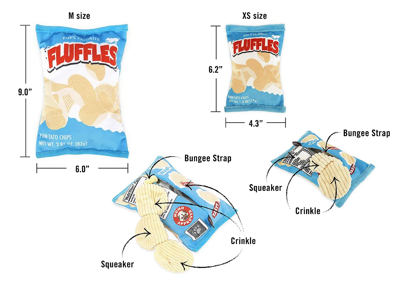 P.L.A.Y. Snack Attack Fluffles Chips hundleksak M med 3 pip