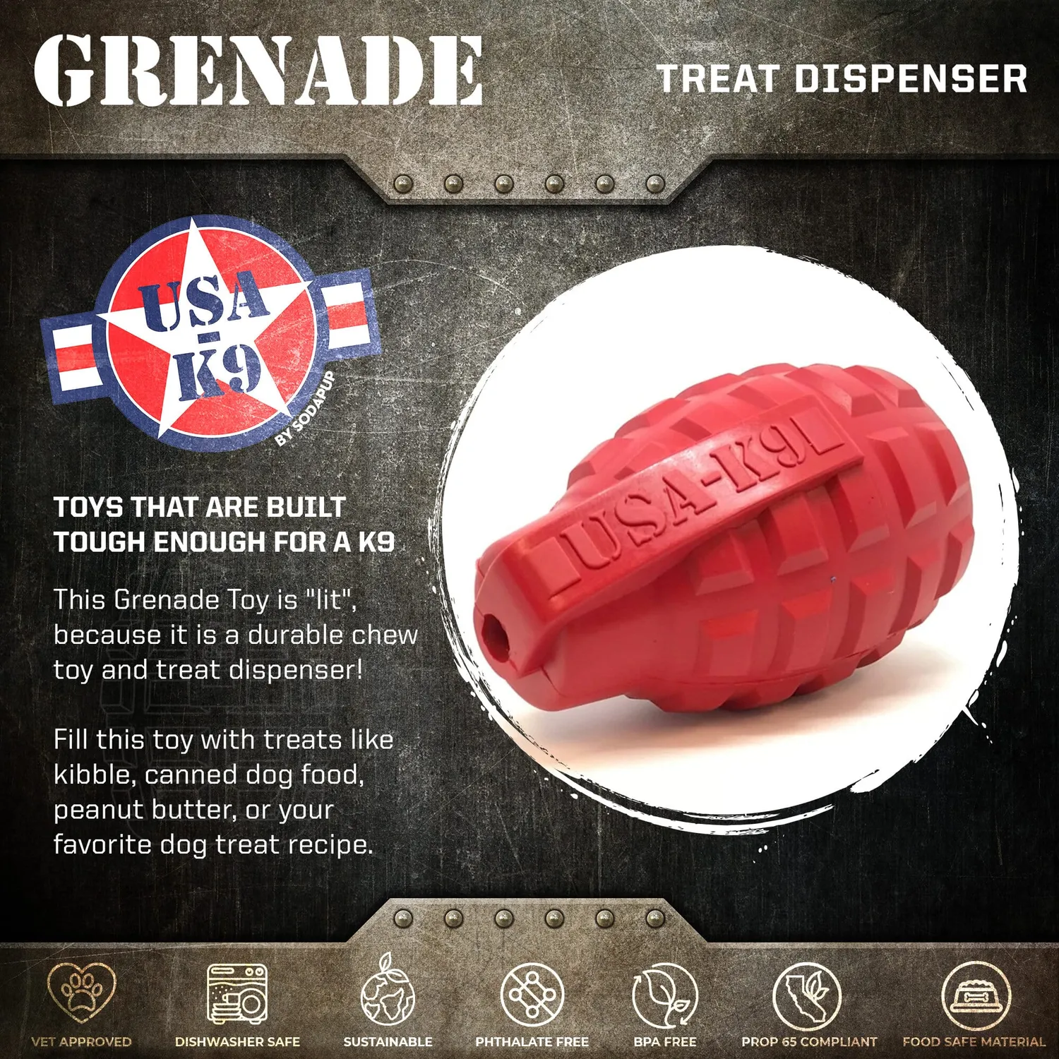 SodaPup USA-K9 Grenade tuggleksak gummi medium röd