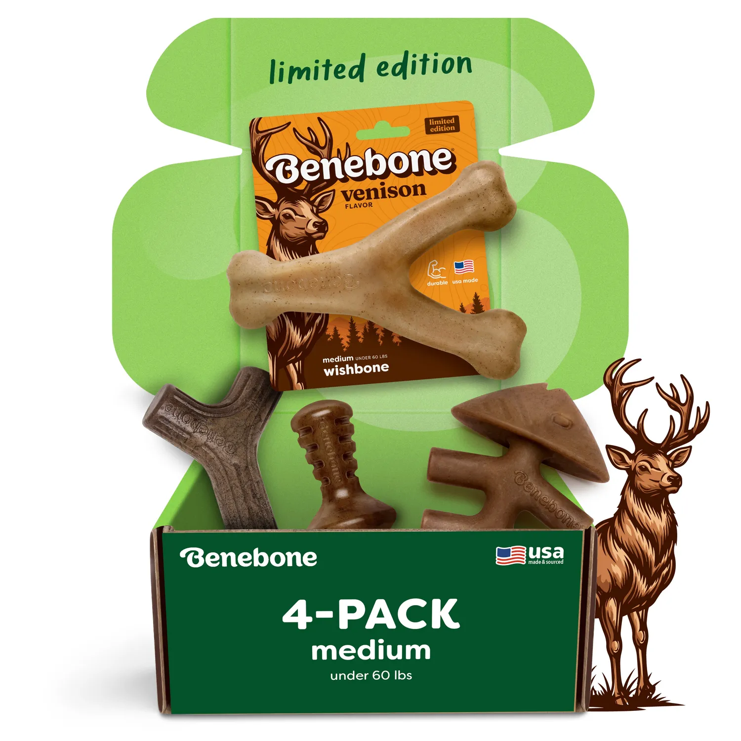 Benebone Limited Edition Venison Chew Collection tuggben 4-pack hjort