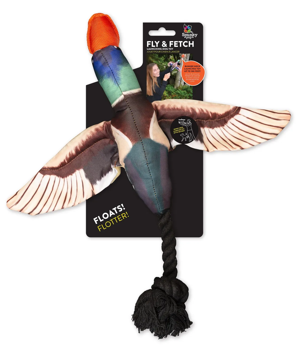 Spunky Pup Fly & Fetch anka kastleksak 40 x 38 cm med pip