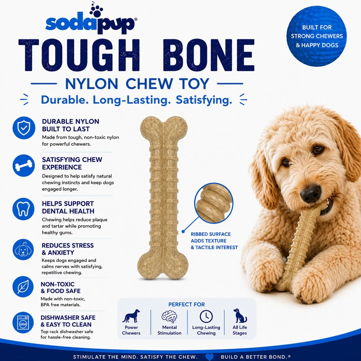 SodaPup Tough Bone tuggben brun nylon medelstor
