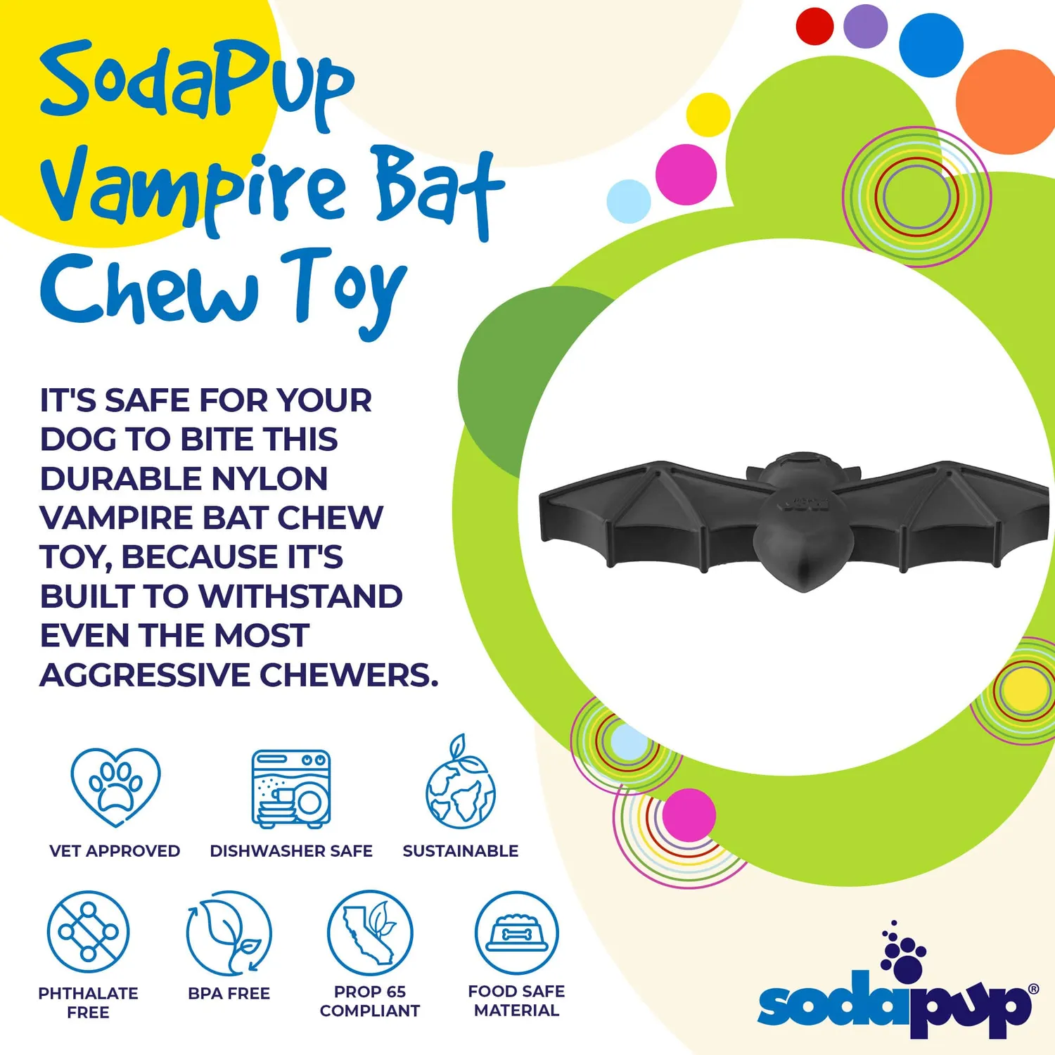 SodaPup Vampire Bat Nylon tuggleksak large svart slickmatta