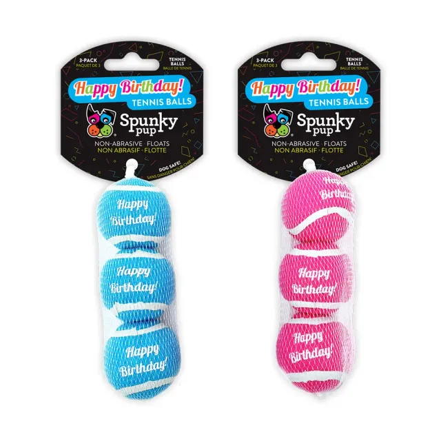 Spunky Pup Happy Birthday tennisboll hund Rosa 3-pack mjuk
