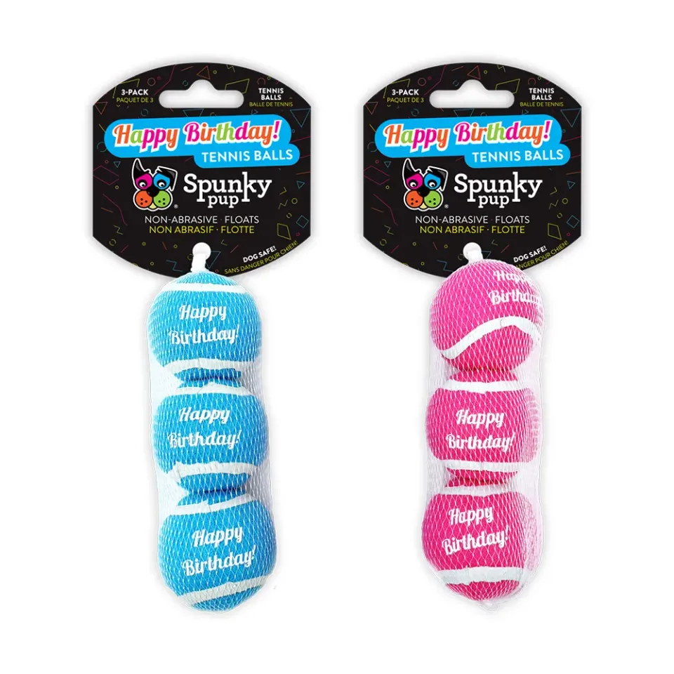 Spunky Pup Happy Birthday tennisboll hund Rosa 3-pack mjuk