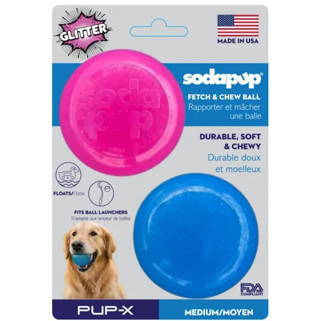 SodaPup Glitter Ball hundboll rosa & blå 2-pack mjuk