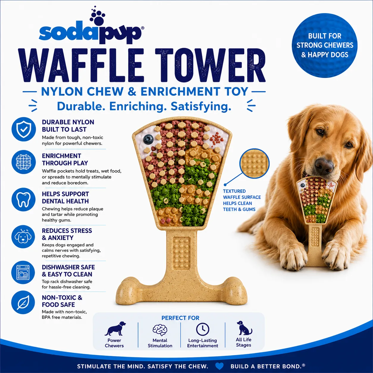 SodaPup Waffle Tower eChew tuggleksak nylon brun slitstark