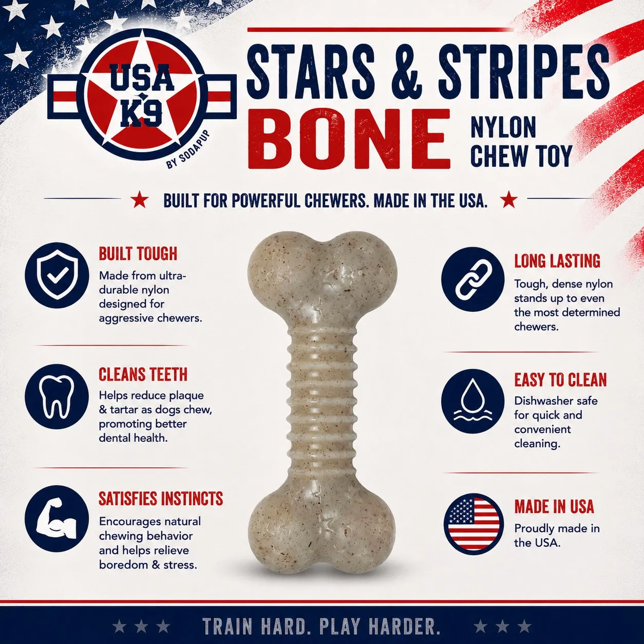 USA-K9 Stars and Stripes Bone tuggben nylon