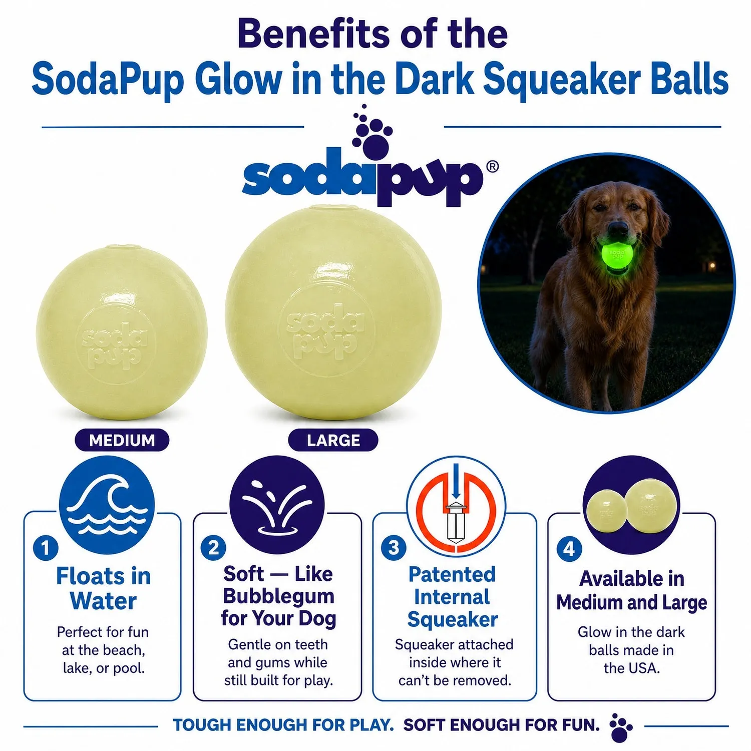 SodaPup Squeak Ball pipboll medium glow in the dark